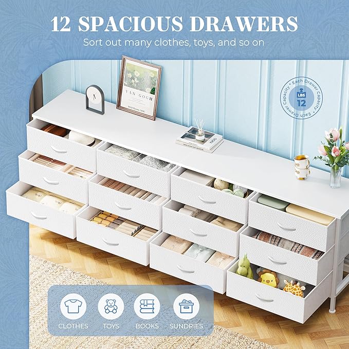 Huuger 70 Inch Dresser for Bedroom, TV Stand for 65, 75, 80 Inch TV, 12 Fabric Drawer Long Dresser, Large Storage Organizer Unit, Wide Chest of Drawer with Storage, for Living Room, White