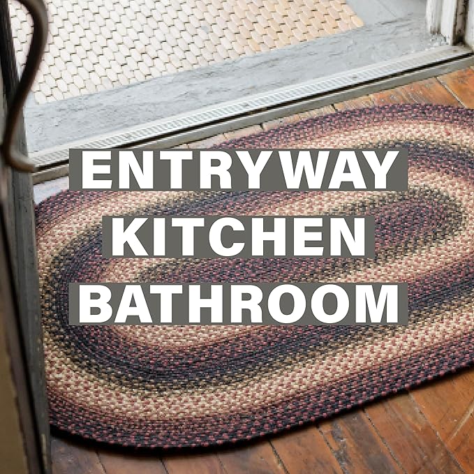 Prescott Jute Braided Rugs 20x30 - Primitive Black and Burgundy Rug for Entryway, Kitchen and Bathroom