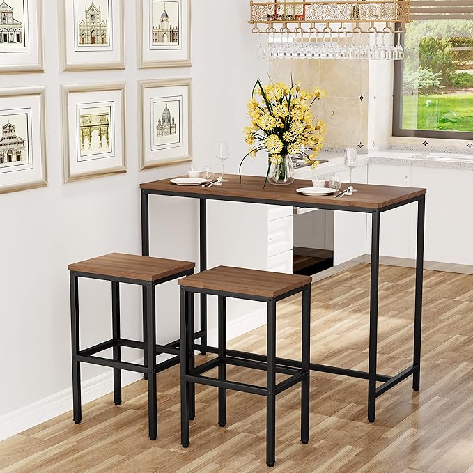 Aklaus Bar Table and Chairs Set 44" Dining Table Set Pub Bar Table with 2 Stools 3-Piece Kitchen Breakfast Table Set for Living Room Dining Room Sturdy Metal FrameBrown