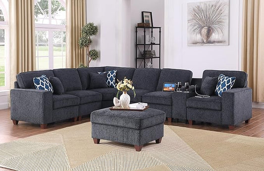 127" L-Shaped Sectional Couch with Movable Ottoman&6 Throw Pillows,7 Seat Chenille Upholstered Sofa W/2 Cup Holder,USB Port&Hidden Storage Box,DIY Combination,for Living Room,Apartment,Dark Gray