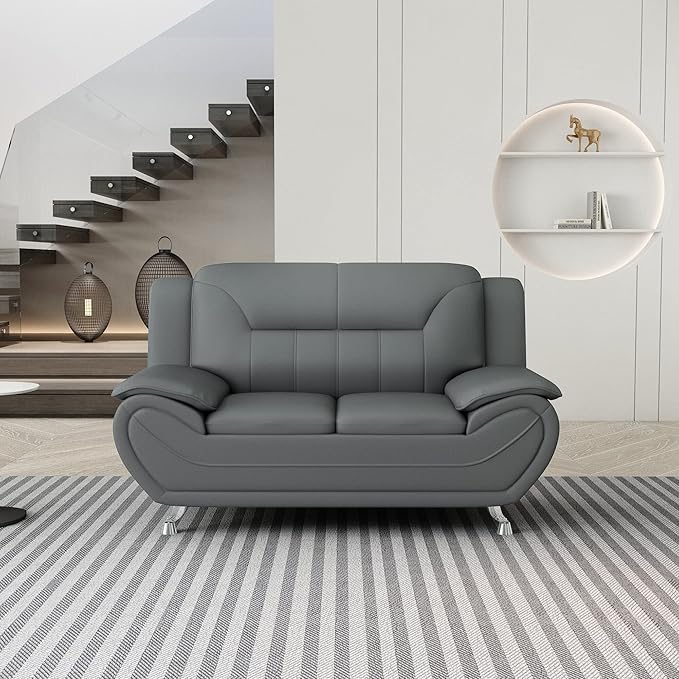 Container Furniture Direct Michael Modern Faux Leather Upholstered Stainless Steel Legs Living Room Loveseat, Sleek Gray