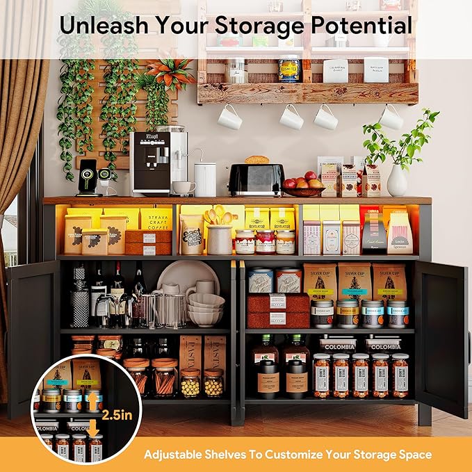Buffet Sideboard with Storage with Power Outlets & LED Light 4 Doors, 55'' Large Farmhouse Kitchen Storage Cabinet Wood Coffee Bar Cabinet Buffet Table for Kitchen, Dining Room, Entryway