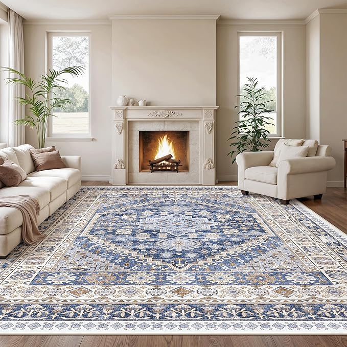 zesthome 10x14 Area Rugs,Stain Resistant Washable Rug,Ultra-Thin Rugs for Living Room,Bedroom,Non-Slip Backing Home Decor Large Area Rug (Blue/Beige,10'x14')