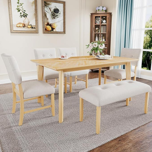 Merax 6 Piece Solid Wood Dining Table Set for 6, Rustic Farmhouse Rectangular with 4 Upholstered Wooden Chairs and 1 Bench, Kitchen Room, Natural Wood Wash