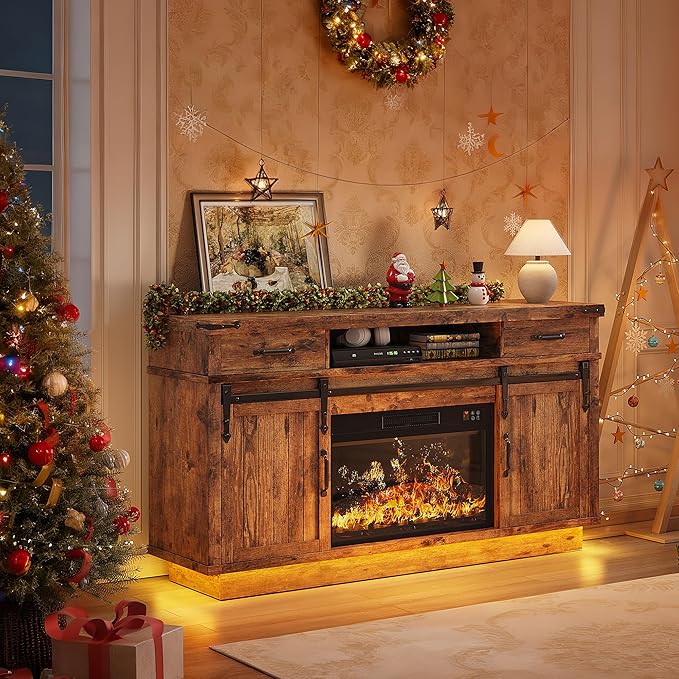 59'' Fireplace TV Stand with 3D Flame Electric Fireplace Heater, 34'' Tall Farmhouse TV Stand for 65 Inch TV, Entertainment Center TV Console with 2 Drawers, Sliding Barn Door for Living Room - Brown