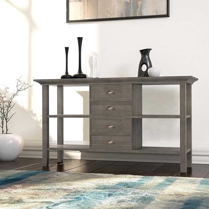 SIMPLIHOME Redmond SOLID WOOD 54 inch Wide Transitional Console Sofa Table in Farmhouse Grey for the Living room Entryway and Bedroom