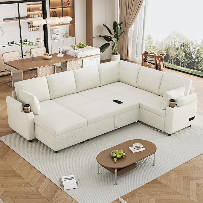 Eafurn Oversized U Shaped Sectional Sleeper Sofabed Pull Out Couch Bed for Living Room 6 Seater Upholstered Convertible Pullout Lounge Sofa Couch w/Storage Chaise, USB Ports for Living Room Apartment