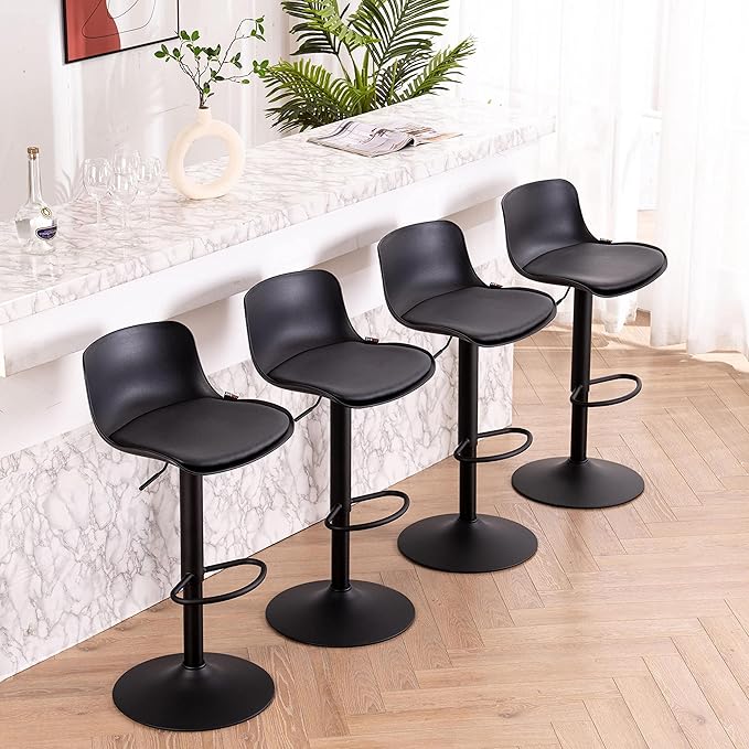 YOUTASTE Black Bar Stools Set of 2 Counter Height Bar Stool Upholstered Adjustable Swivel Metal High Back Bar Chairs PU Soft Cushion for Home and Kitchen
