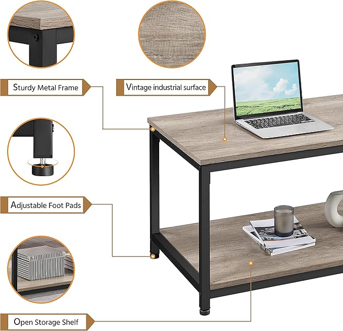 Yaheetech 39.5" 2-Tier Coffee Table with Storage Shelve, Industrial Gray Coffee Table, Easy Assembly, Wooden Center Tables for Living Room & Small Space, Gray