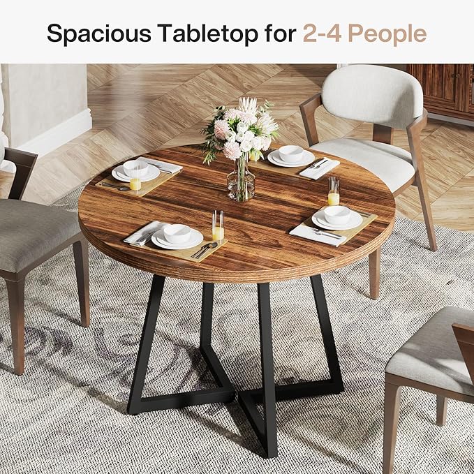 Tribesigns Round Dining Table for 2, 31.5" Industrial Dinner Table with Metal Base, Kitchen Table for Dining Room, Small Space, Apartment, Rustic Brown & Black
