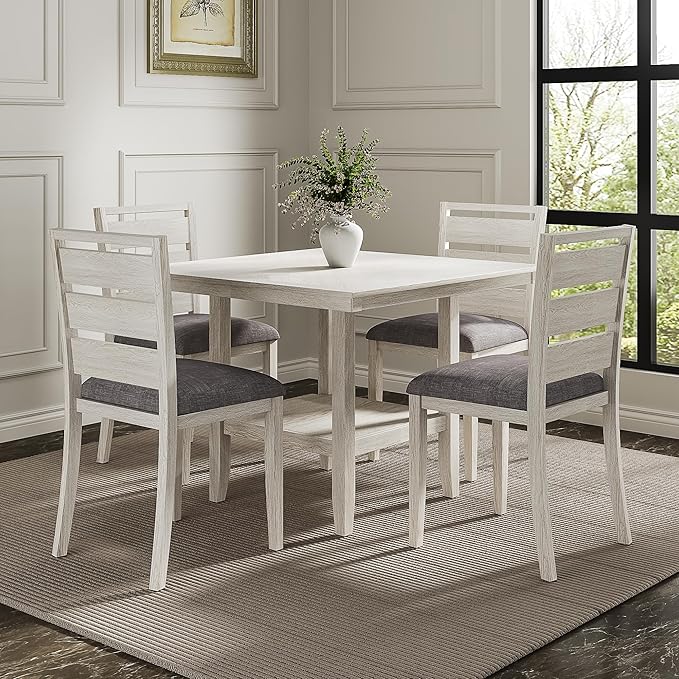 5-Piece Solid Wood Dining Table Set for 4, Modern Breakfast Dinette Kitchen Table with Bench & Chairs for Dining Room, Kitchen, Grey