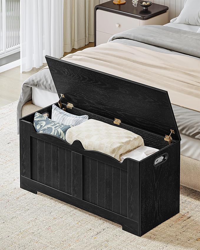 39.4" Storage Chest, Storage Bench Trunk with 2 Safety Hinges,Wooden Box, Lift-Top Chest Organizer, Shoe Bench for Entryway, Bedroom, Living Room, Black SB01004X