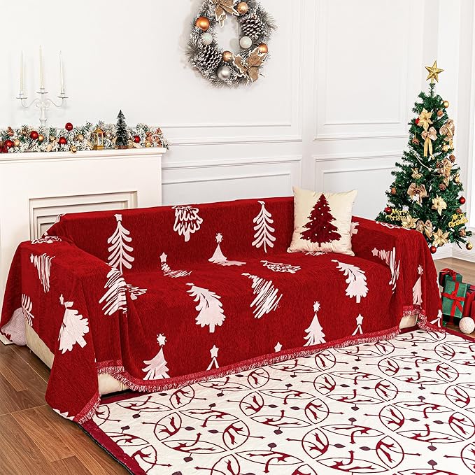 MYSKY HOME 71X134 inches Sofa Christmas Couch Cover, Sectional Sofa Covers Sofa Slipcover for 3 Cushion Couch, L Shape Couch Covers for Dogs, Kids, Washable Sofa Blanket, Furniture Protector, Red