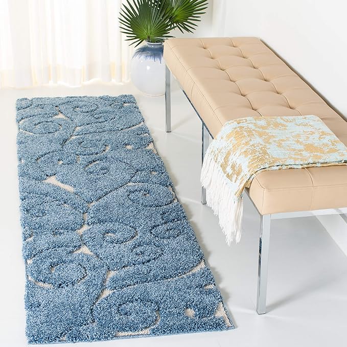 SAFAVIEH Florida Shag Collection Accent Rug - 2'3" x 4', Light Blue & Cream, Scroll, Non-Shedding & Easy Care, 1.2-inch Thick Ideal for High Traffic Areas in Foyer, Living Room, Bedroom (SG455-6011)