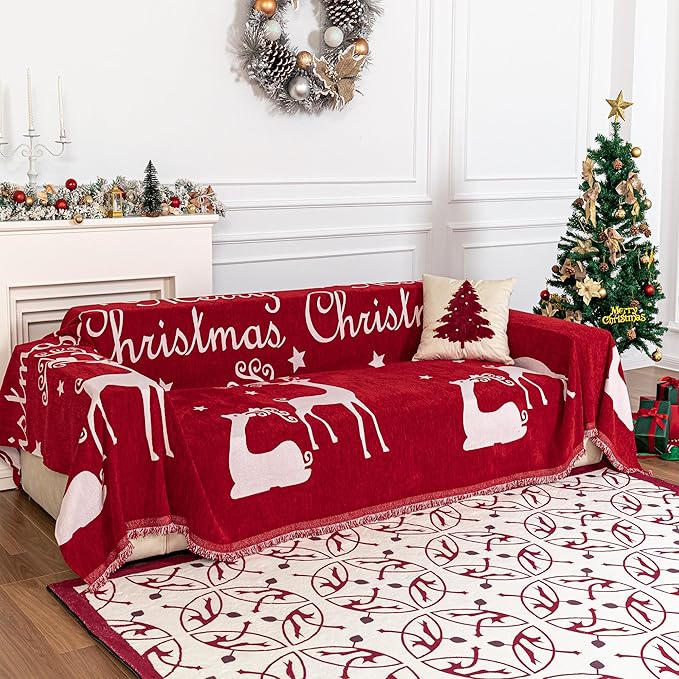 MYSKY HOME Christmas Couch Cover for Sofa Couch Covers for Pets, Non Slip Dogs Furniture Protector with Tassels for Living Room Non Slip Washable Furniture Protector Cover for Pet, Cat, 71"x118", Red