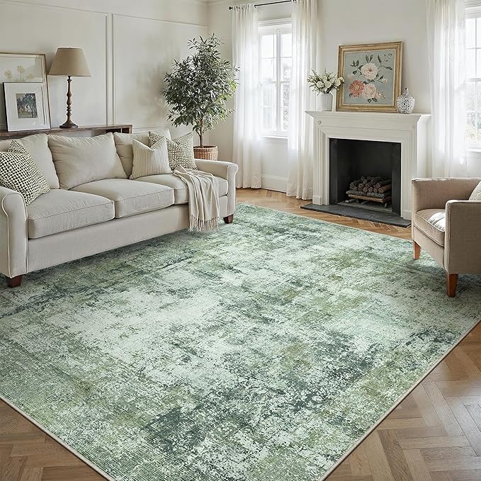 8x10 Washable Area Rug Dark Green Modern Neutral Abstract Living Room Bedroom Indoor Floor Carpet Low Pile Soft Non-Slip Lightweight Vacuumable Large Throw Rug for Nursery Dining Room