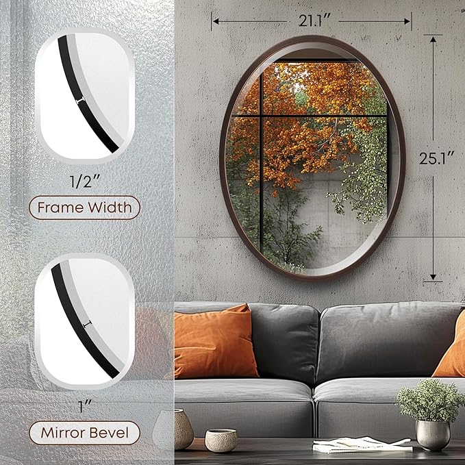 OVALCREST - Oval Wooden Beveled Wall Mirror for Home Decor, Bathroom, Vanity, Bedroom, Living Room, Hallway - London Style (Rubbed Bronze) 21.1 x 25.1