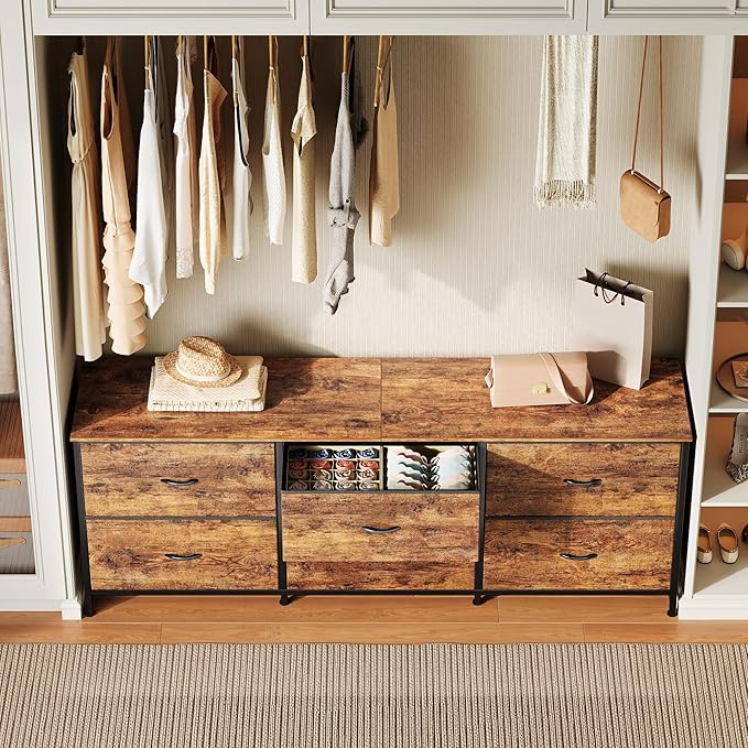 Huuger 63 Inch Long Dresser for Bedroom, Wide TV Stand for 55, 65, 70 Inch TV, 6 Drawer Dresser for Closet with Fabric Drawers, Storage Organizer for Bedroom, Entryway, Rustic Brown