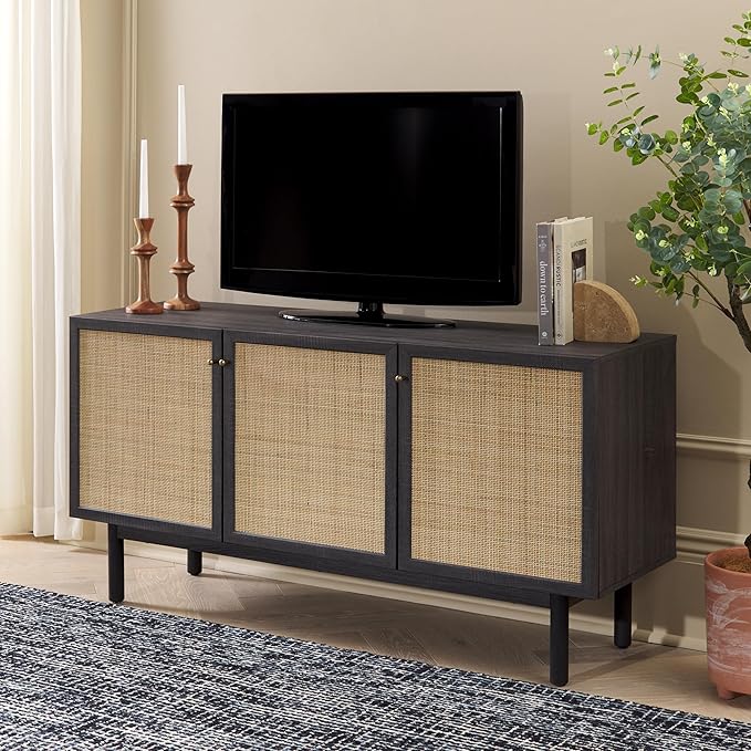 SAFAVIEH Aino TV Stand for up to 60" Flatscreen – Distressed Black with Rattan Mesh, 3 Doors with Interior Storage, Sideboard Cabinet, Entertainment Media Console (MED9618E)