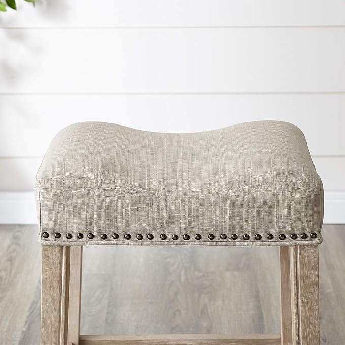 Roundhill Furniture Coco Upholstered Backless Saddle Seat Counter Stools 25.5" Height, Set of 2, Fabric, Tan