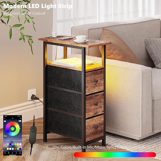 End Table with Charging Station, Narrow Side Table with 3 Fabric Drawers, Skinny Nightstand with LED Light, Slim Bedside Table for Bedroom, Living Room, Small Spaces, Rustic Brown and Black