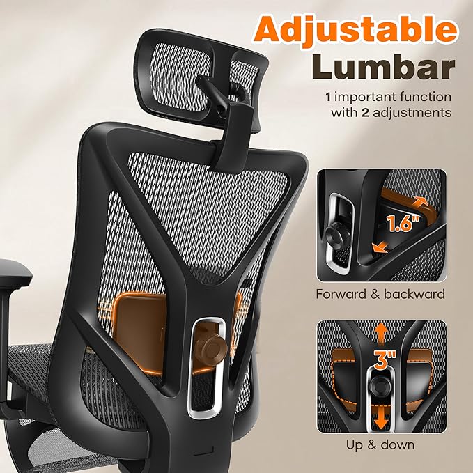 GABRYLLY Ergonomic Office Chair with Adjustable Lumbar Support, 3D Armrests & Headrest, 135° Reclining Chair with Footrest & Large Steel Base,300LBS Swivel Desk Chair(GYMN01)