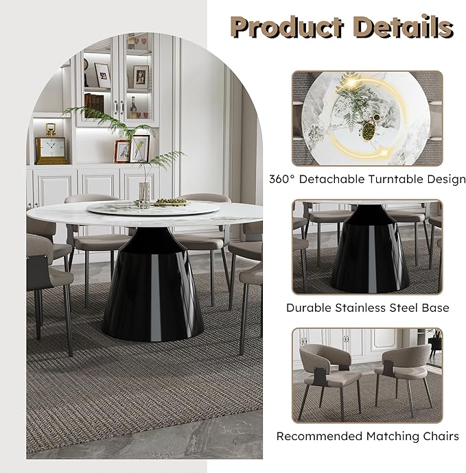 Ball & Cast 7-Piece Dining Set,Faux Marble Table with Detachable Rotating Tray & 6 PU Leather Chairs,Modern Kitchen Dining Room Table Set w/Stainless Steel Base,for Restaurant & Home,Grey