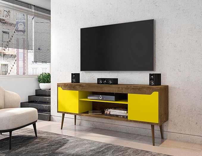 Manhattan Comfort Bradley Mid Century Modern TV Stand for Televisions up to 60 Inches, Living Room Entertainment Center with Storage, Media Shelves and Soft Close Doors, Rustic Brown/Yellow