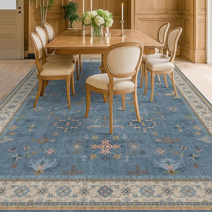 Boho 8x10 Large Area Rugs for Living Room - Eclectic Dusky Blue Rug for Bedroom Under Bed, Dining Room Under Kitchen Table, Washable Soft Non Slip Unique Colorful Indoor Décor