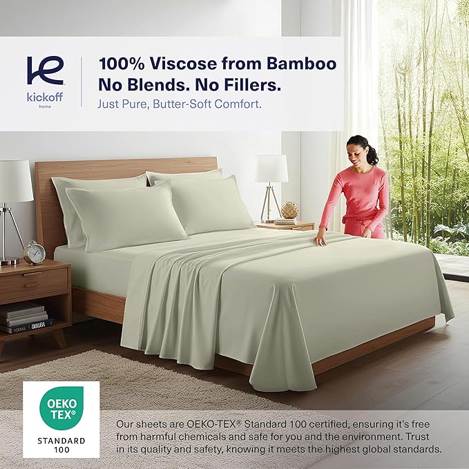 Kickoff Viscose Bamboo Sheets California King Size 4-pc 100% Organic Bamboo Viscose Bed Cooling Sheets Cal King Set Cool Bedding for hot Sleepers Sheet, Flat, Fitted, Pillowcases (Soft Sage, CK)