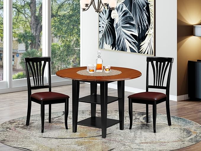 East West Furniture SUAV3-BCH-LC 3 Piece Dining Table Set Contains a Round Dining Room Table with Dropleaf & Shelves and 2 Faux Leather Upholstered Chairs, 42x42 Inch, Black & Cherry