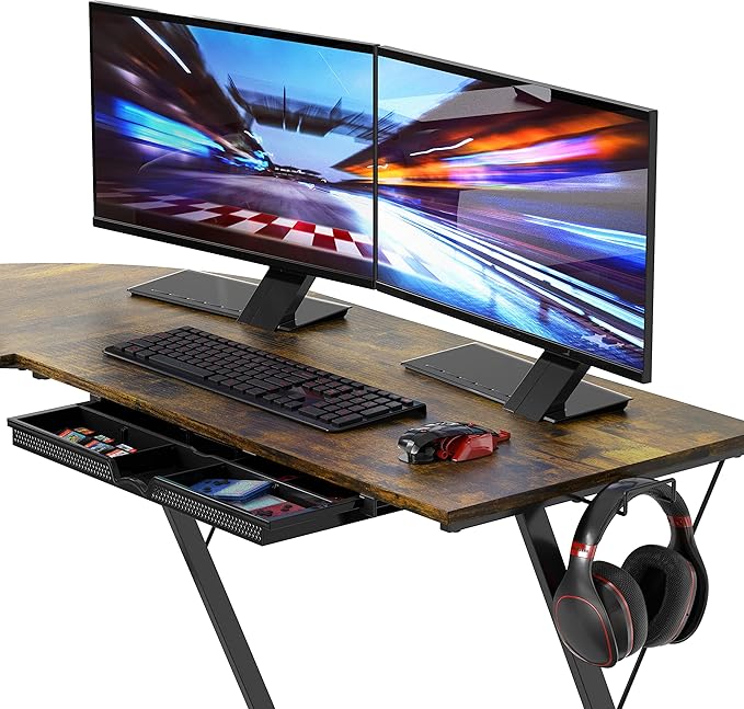 SHW 51 x 51 Inches Vista L-Shaped Desk with Monitor Stand and Drawer, Rustic Brown
