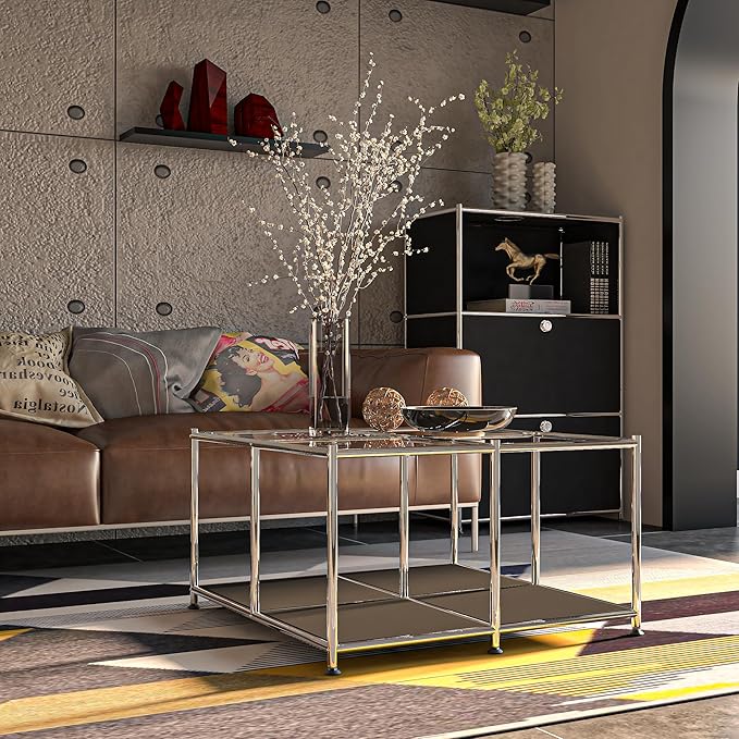 Matte Coffee Table with Open Storage, Square Tempered Glass Storage Rolling Coffee Table, Modern Design for Living Room, Meeting Room (Black)