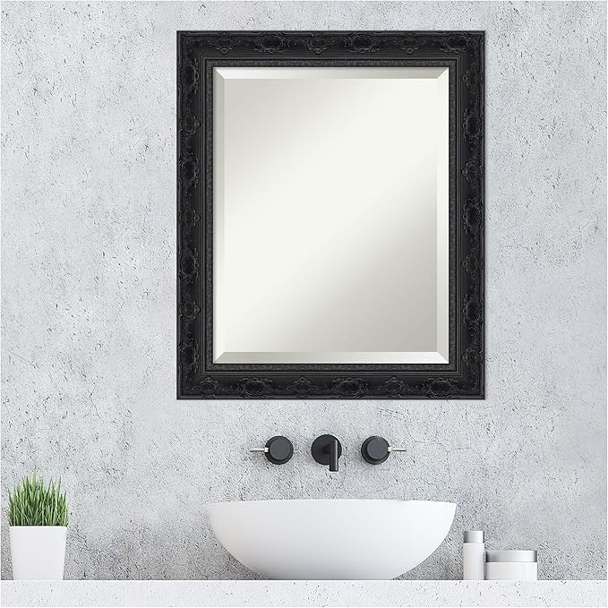 Amanti Art Bathroom Mirror for Over Sink, 25x21 Filigree Gloss Black Rectangle Vanity Mirror, Small Traditional Frame, Hangs Horizonally and Vertically, Bathroom Wall Decor, Beveled Edge