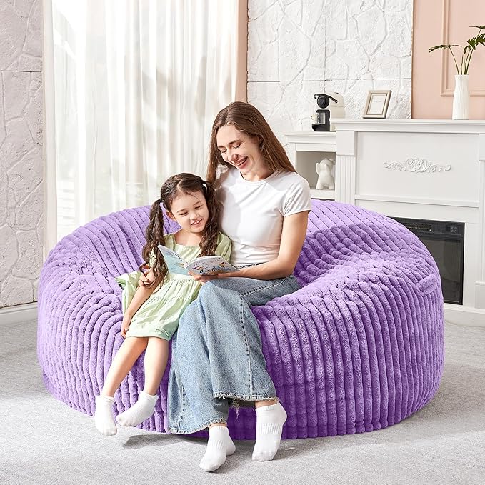 HABUTWAY 3FT Bean Bag Chair, 3' Large Bean Bag Chairs for Adults with Removable Stripe Plush Cover, Memory Foam Beanbag Chair for Living Room Bedroom Dorm (Purple)