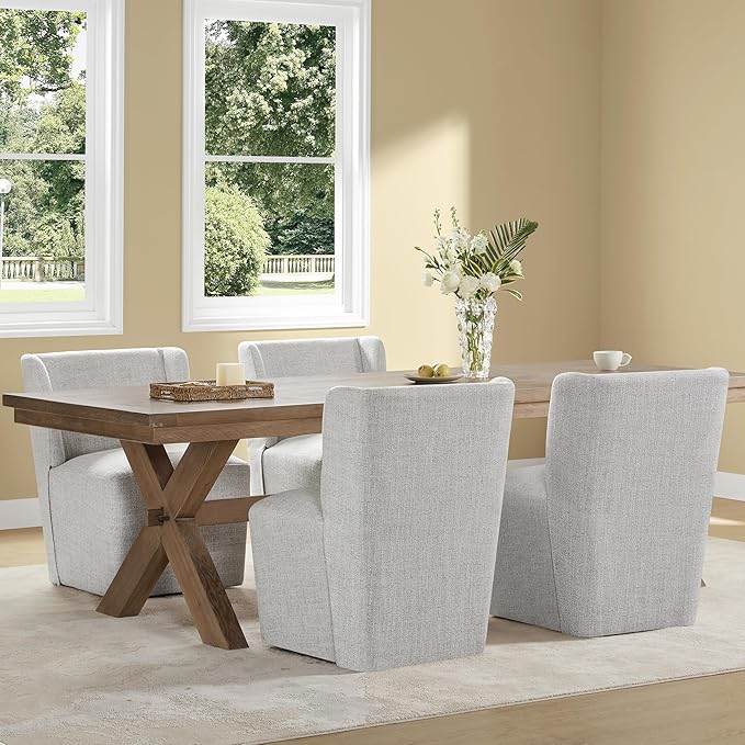 Upholstered Dining Chair with Casters Wingback Modern Side Armless Deskchair with Rollers for Diningroom Bedroom Livingroom Reading Room,Light Grey,4 Box