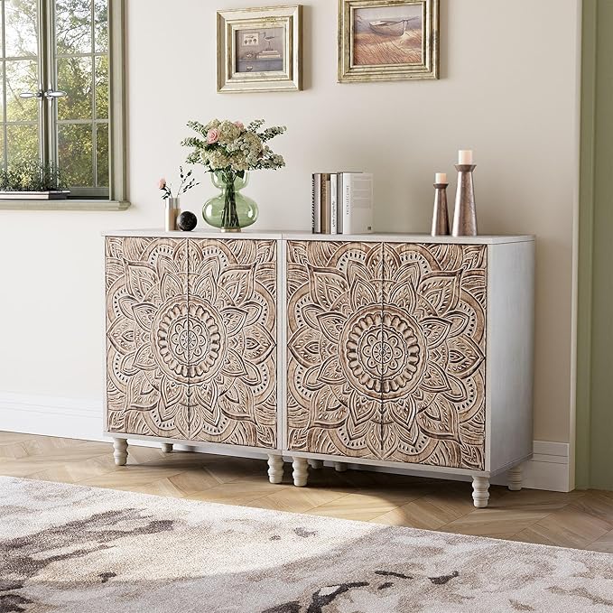 COSIEST Set of 3 32" Accent Storage Cabinets, Vintage Lotus Pattern Sideboards with Push-to-Open Doors, Carved Wood Buffet Table for Entryway, Kitchen, Living Room, Gray