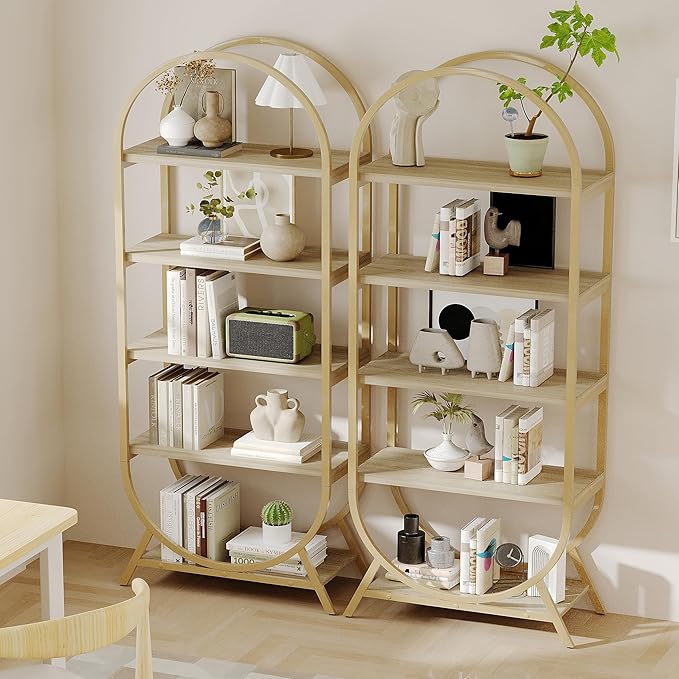 Bookshelf Arched Bookcase Set 2, 5 Tier Open Freestanding Display Shelf for Home Office, Living Room, Gold & Nature Wood