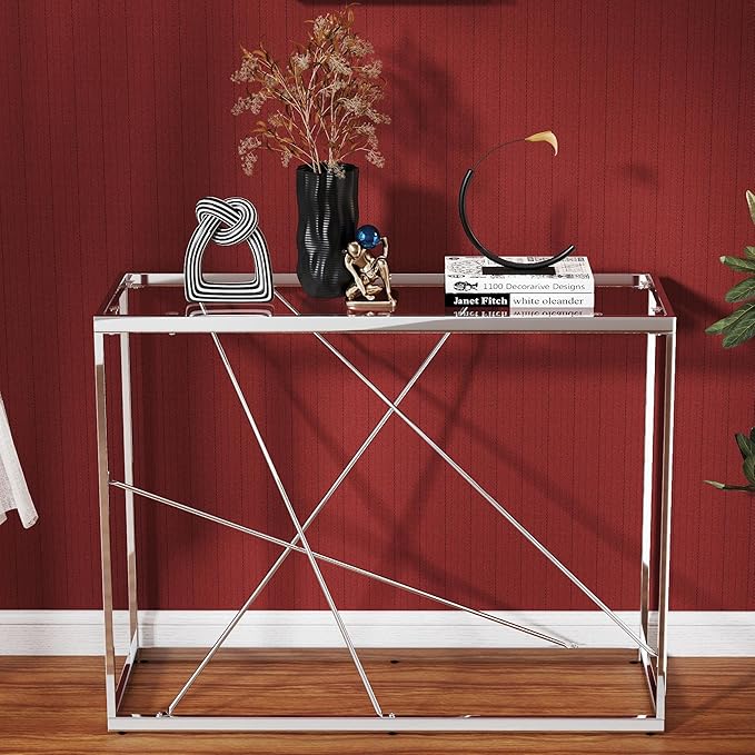 OIOG Glass Console Table for Entryway, Modern Sofa Table with Temperes Glass Tabletop and Chrome Frame, Silver Entryway Table for Living Room, Hallway, Dining Room, Home Office