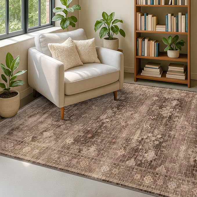 Boho Taupe Brown 5x7 Living Room Rug - Modern Vintage Traditional Oriental Neutral, Washable Low Pile Non-Slip Large Area Rugs for Nursery Dining Under Table