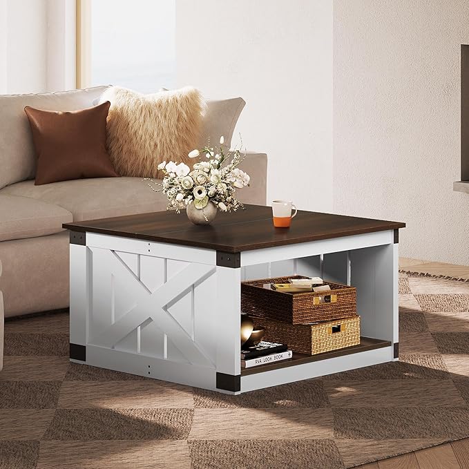 WLIVE Coffee Table, Farmhouse Coffee Table with Open Storage, 31.5" Wood Square Living Room Tables, Rustic Dining Cocktail Center Table for Living Room, Espresso