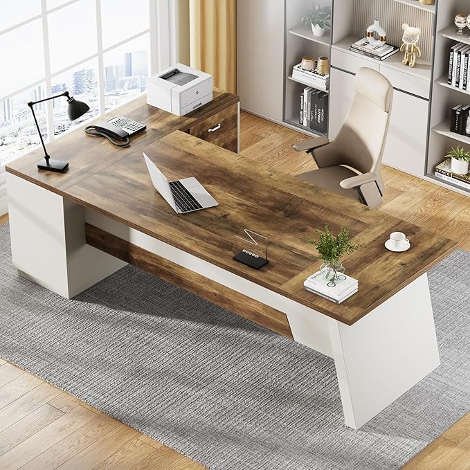 Tribesigns 78" L-Shaped Executive Desk, Large Modern Office Desk with Drawers and Lateral File Cabinet, Business Furniture with Storage Shelves, Big Computer Desk for Home Office (Brown + White)