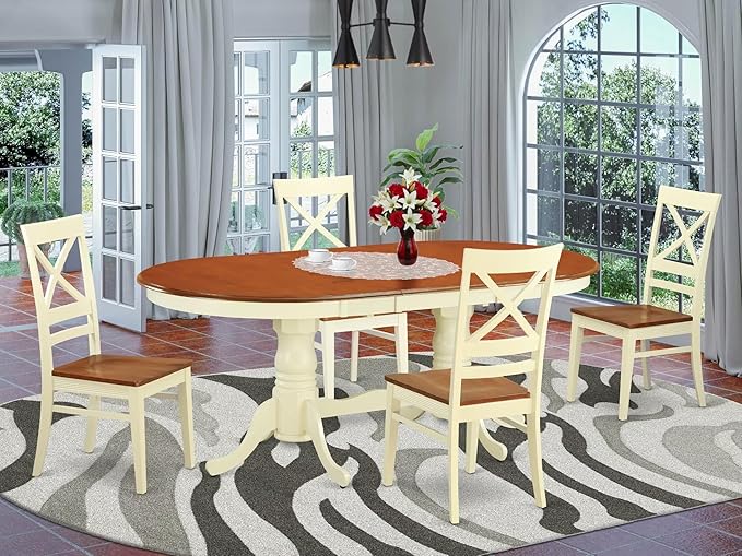 East West Furniture PLQU5-WHI-W 5 Piece Modern Dining Table Set Includes an Oval Wooden Table with Butterfly Leaf and 4 Dining Room Chairs, 42x78 Inch, Buttermilk & Cherry