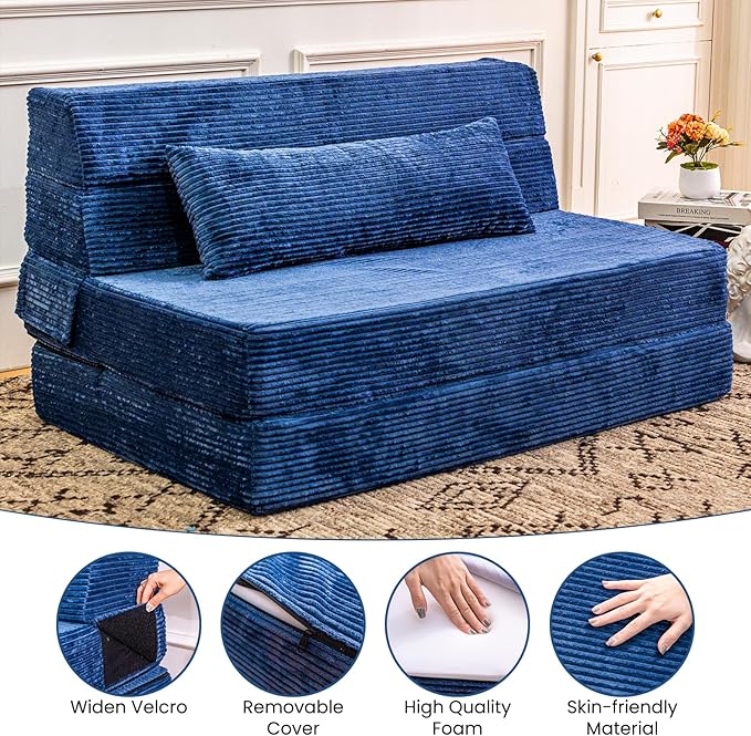 Folding Sofa Bed, Convertible Sleeper Chair with Pillow, High Density Memory Foam Fold Out Couch, Foldable Mattress Futon Sofa for Living Room/Dorm/Guest Use/Apartment/Home Office