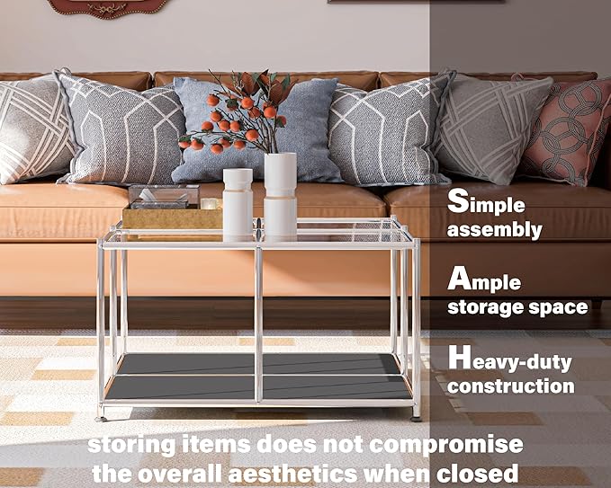 Matte Coffee Table with Open Storage, Square Tempered Glass Storage Rolling Coffee Table, Modern Design for Living Room, Meeting Room (Grey)