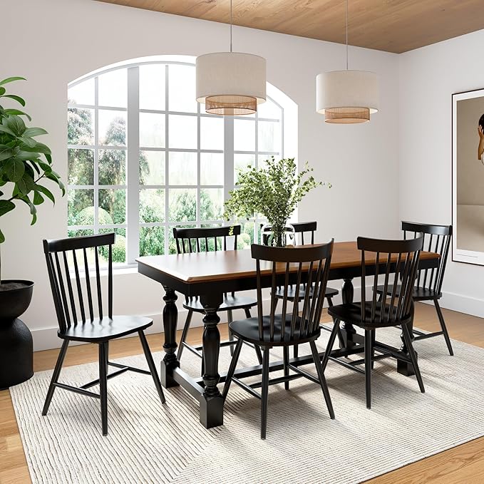 Bush Furniture Rectangular Dining Table Set for 6, with 67 inch Squire Trestle, High Back Spindle Dining Chairs, Farmhouse Transitional, Sterling Collection, Dark Brown and Black