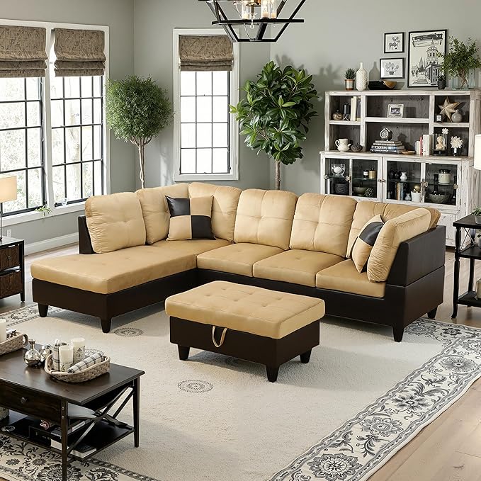 NicBex Sectional Couch 3 Pieces Sofa Set with Right Chaise Lint PVC L Shaped Cloud Couch for Living Room Furniture Sets with Storage Ottoman, Modular Sofa for Living Room & Apartment, Beige+Black