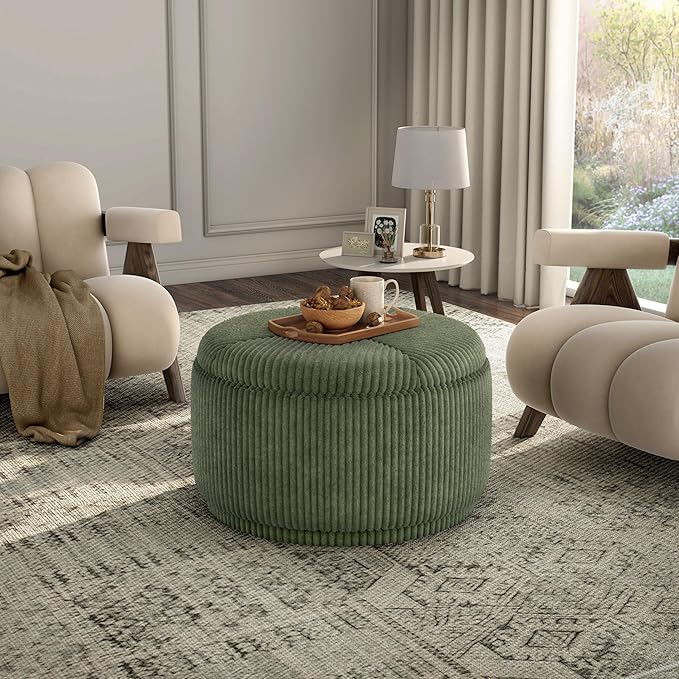 Furniture of America Lennox Modern Chenille 29-inch Round Storage Ottoman with Flip Top, Upholstered Footstool, Circle Coffee Table for Living Room, Bedroom, Entryway, Green