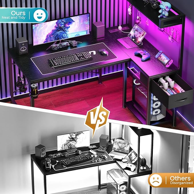 PRAISUN L Shaped Gaming Desk with Shelves, Corner Computer Table with LED Lights, Power Outlets and USB-C Ports, 42 Inch Reversible Home Office Desk with Storage Drawer, for Work and Study, Black