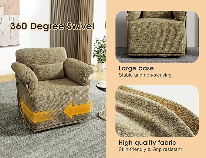 KEIKI Modern Comfy Swivel Accent Reading Chair with Waist Pillows, 360°Square Upholstered Barrel Armchair Single Club Lounge Sofa Chairs for Living Room,Bedroom,Office,Brown